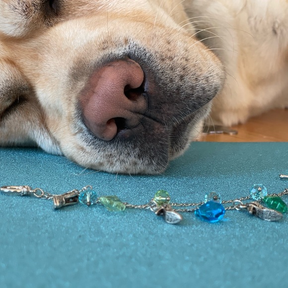 NWT DOUBLE STRAND CRYSTAL CHARM BRACELET IN TONES OF AQUA & GREEN, SILVER SHOES - Picture 15 of 16